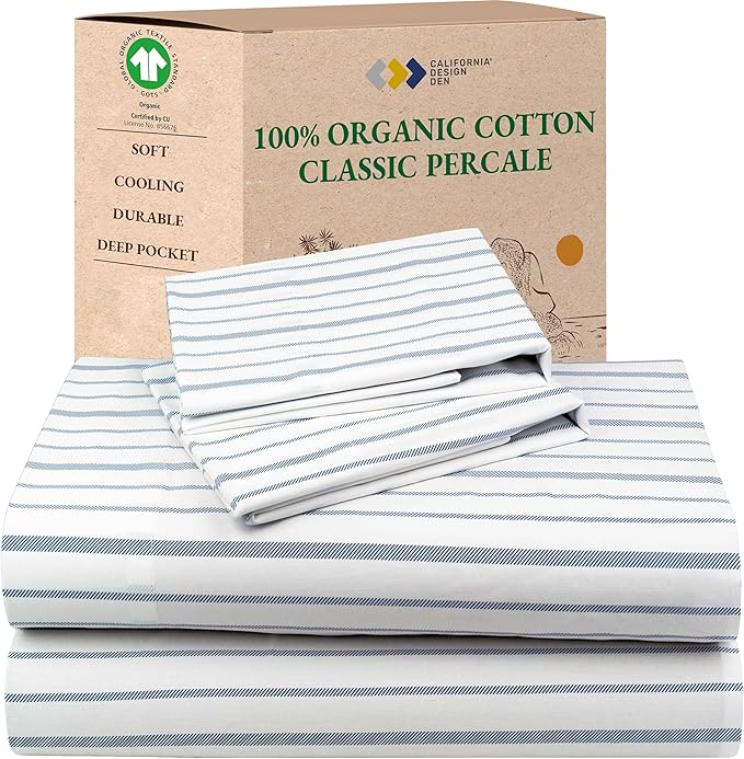 California Design Den Full Sheet Set Stripe, 100% Organic Cotton Percale Sheets by CaliforniaDesignDen