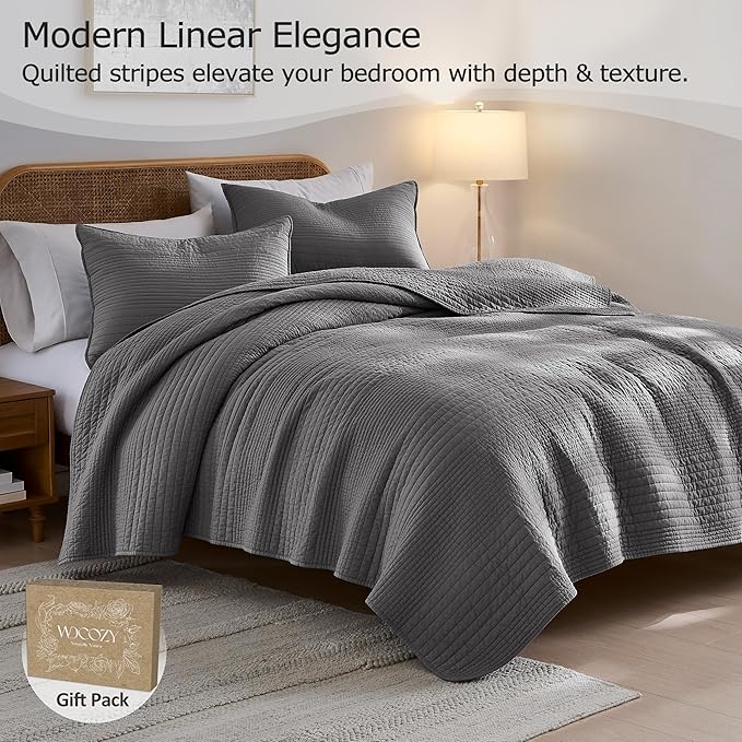 palassio Striped Dark Grey 100% Cotton Quilt King Size Bedding Sets, - Image 2