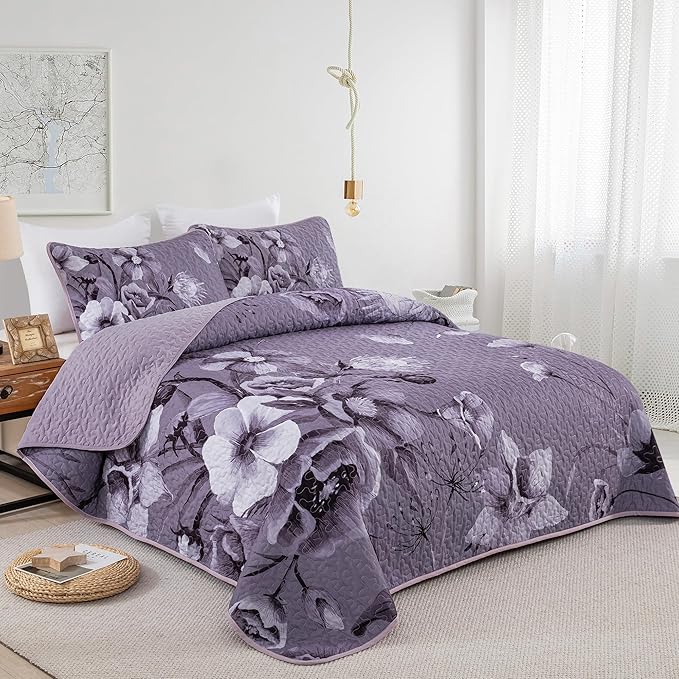 Floral Quilt Set King Size Bedding Set 3 Pieces Dark Purple Boho Floral Quilt - Image 2