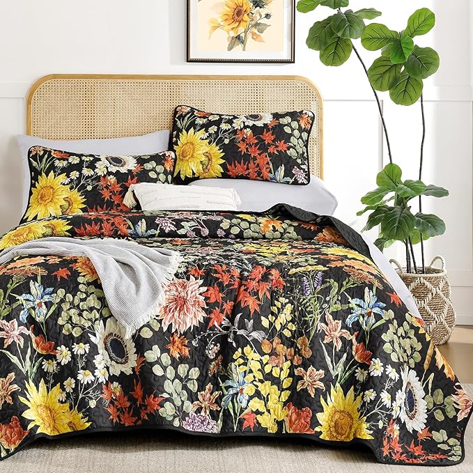 Yiran Floral Quilts Queen Size, 3 Pieces Summer Colorful Soft Lightweight by Yiran