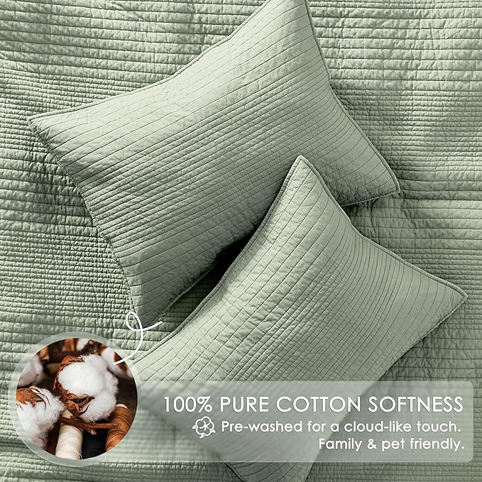 palassio Striped Sage Green 100% Cotton Quilt King Size Bedding Sets, - Image 4