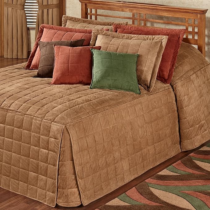 Touch of Class Camden Luxury Bedding | Neutral Camel Color | Grande Fitted Bedspread | Faux Suede Box Quilted Design | Designed 3 Piece Set Includes Queen Bedspread and 2 Standard Shams