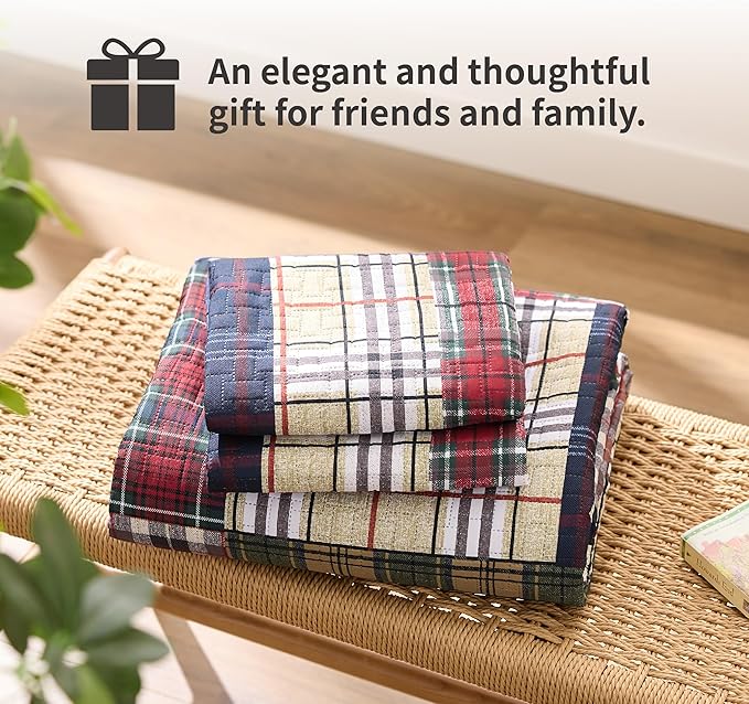 PPOLCA Patchwork King Quilt Bedding Set, Plaid Lightweight Reversible Bedspread - Image 7