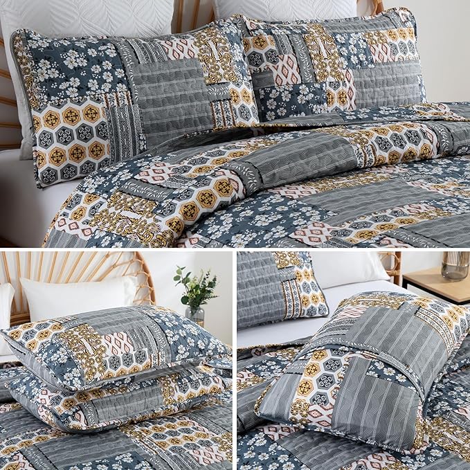 Mybedsoul Dark Grey Quilt Set King Size, 3 Pieces Plaid Floral Bedspread Set - Image 5
