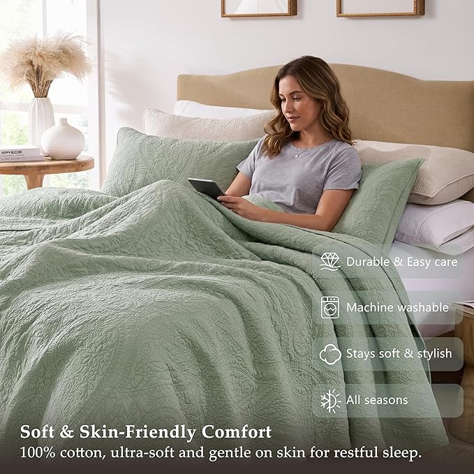 palassio Sage Green Paisley 100% Cotton Quilt California Cal King Size Bedding - Image 5