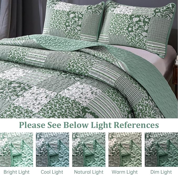 Mybedsoul Green Boho Queen Quilt Set, 3-Piece Reversible Soft Plaid Floral - Image 4