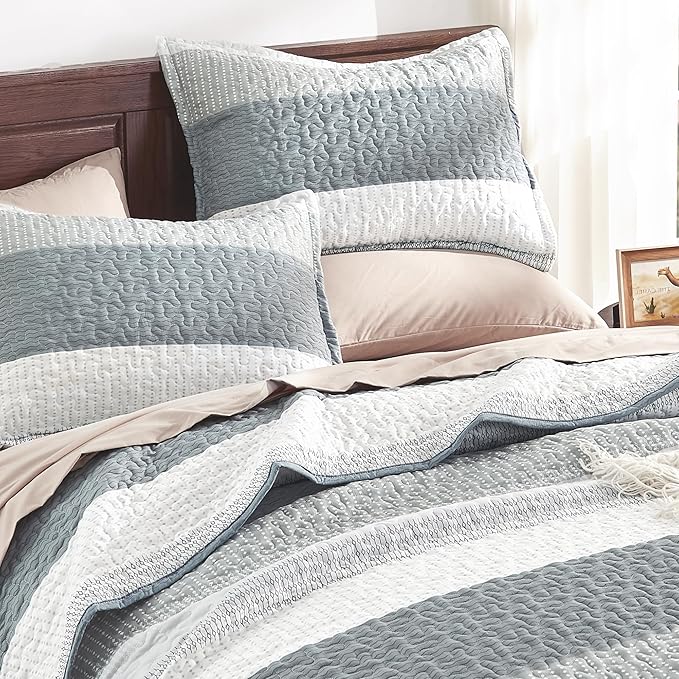 Andency Grey Striped Quilt Twin, 2 Pieces Patchwork Bedspread Coverlet Set - Image 5