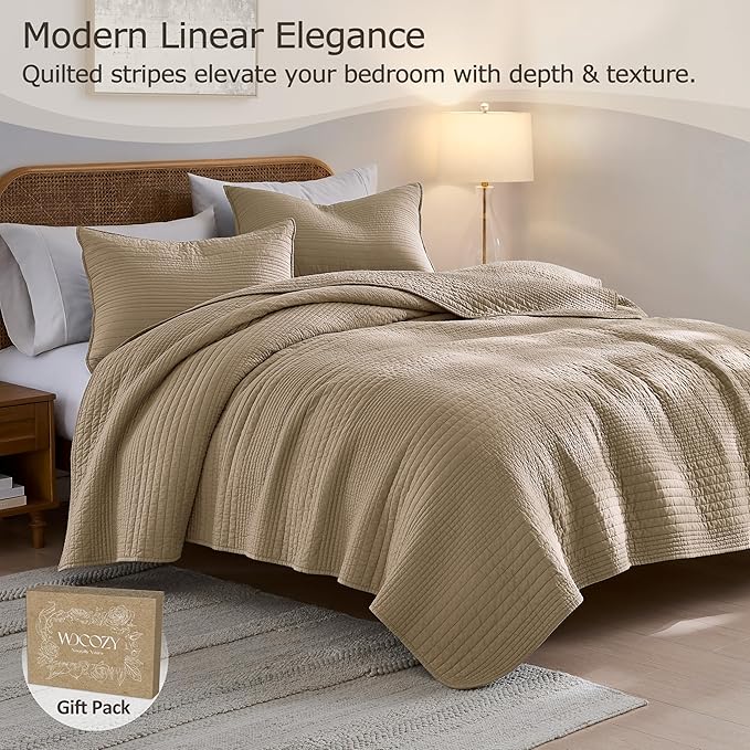 palassio Striped Dark Beige 100% Cotton Quilt Queen Size Bedding Sets, - Image 2