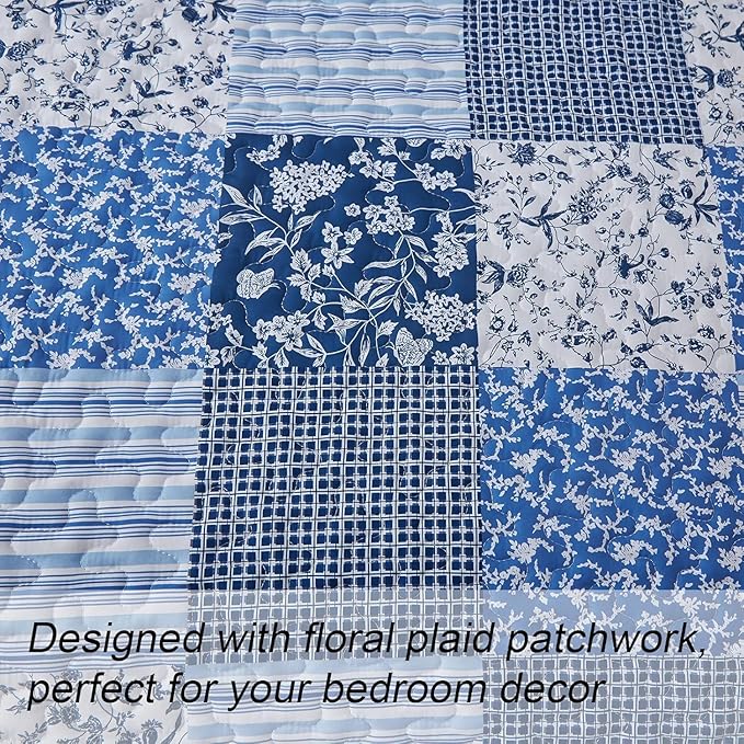 Mybedsoul Blue Quilt Set Full Size, 3 Pieces Plaid Floral Bedspread Set - Image 4
