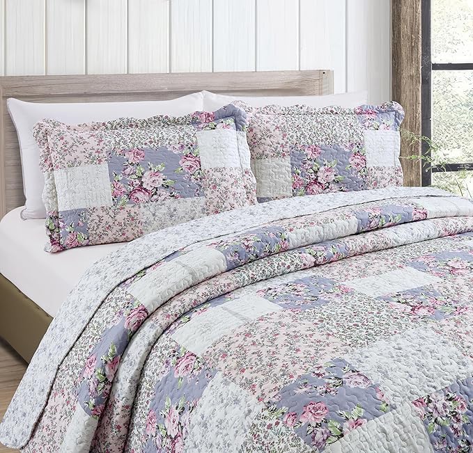 Brilliant Sunshine Roses Toile Quilt Set, 3-Piece Bedding Sets, Traditional - Image 3