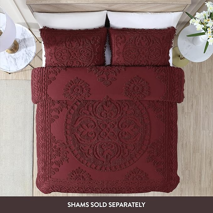 Beatrice Home Fashions Medallion Chenille Bedspread, Queen, Burgundy