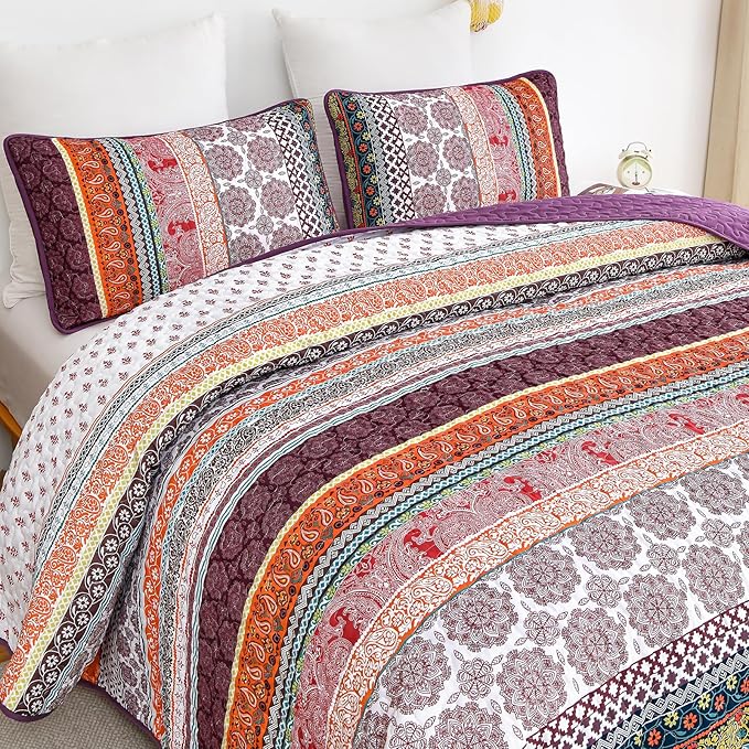 WONGS BEDDING Boho Quilt Set Queen Size, Lightweight Soft Microfiber Bedding Set - Image 8