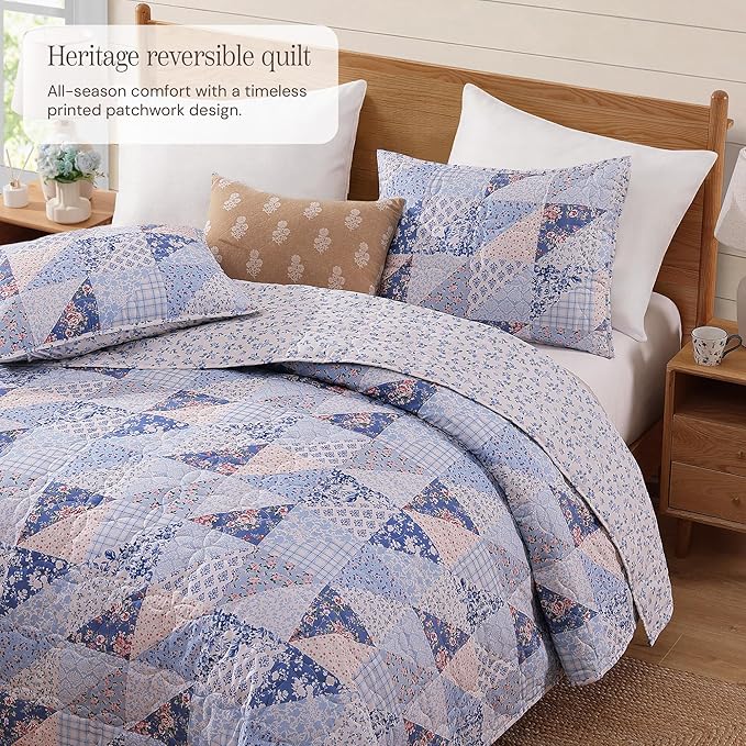 BLOOMHAVEN Quilt Set King Size, Patchwork Blue Pink Marigold Floral Quilt Sets - Image 2