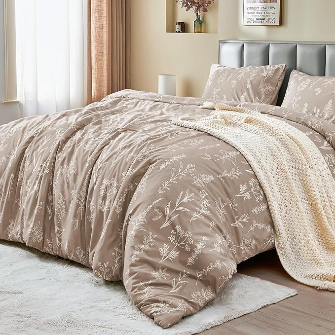 MUXHOMO Duvet Cover Queen Size, Reversible Floral Taupe Duvet Cover Set - Image 3