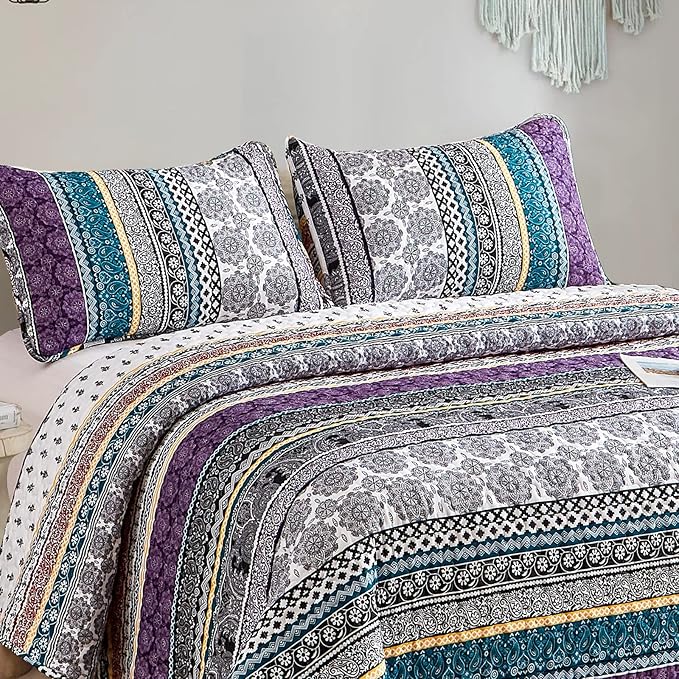 WONGS BEDDING Boho Quilt Set Queen Size, Lightweight Bedspread Coverlet Bedding - Image 4