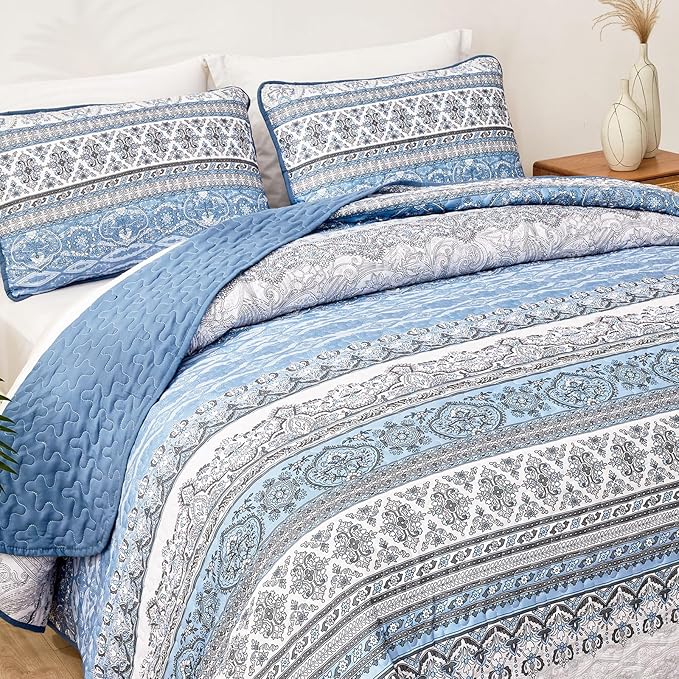 WONGS BEDDING Boho Queen Quilt Set, Light Blue Bohemian Queen Quilt Bedding Set - Image 7