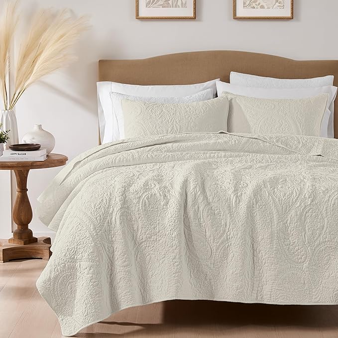 PALASSIO Beige Paisley 100% Cotton Quilt California Cal King Size Bedding Sets by PALASSIO