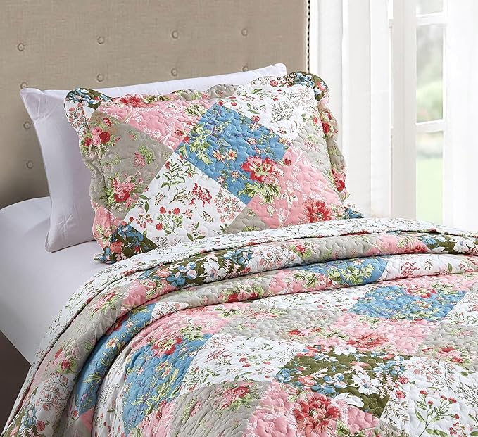 Brilliant Sunshine Peach and Olive Flowers Patchwork, 2-Piece Quilt Set - Image 3