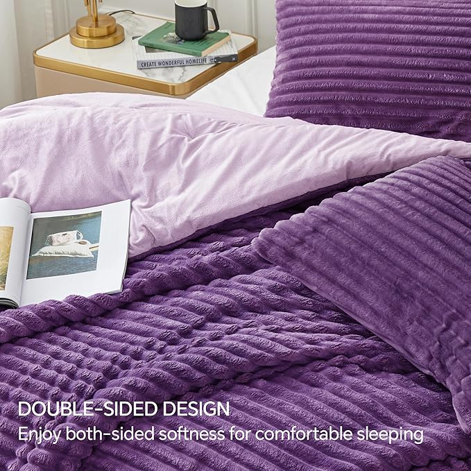 BEDELITE Fleece Queen Comforter Set -Super Soft & Warm Fluffy Purple Bedding - Image 4