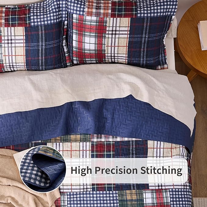 PPOLCA Patchwork King Quilt Bedding Set, Plaid Lightweight Reversible Bedspread - Image 3