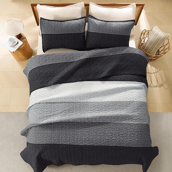 Litanika Oversized King Quilt Set Black and White, 128x120 Stripe Bedspread - Image 3