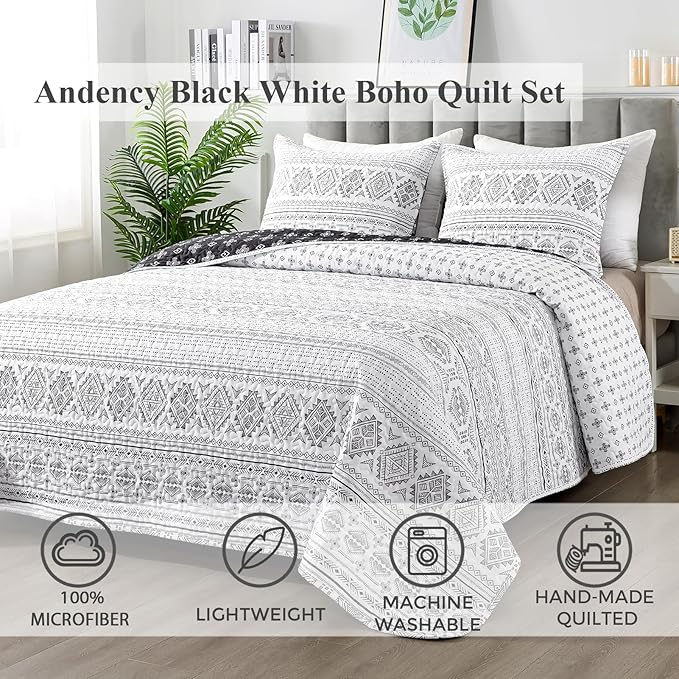 Andency Black White Quilts Queen Size, 3 Pieces Queen Quilt Bedding Set Boho - Image 2