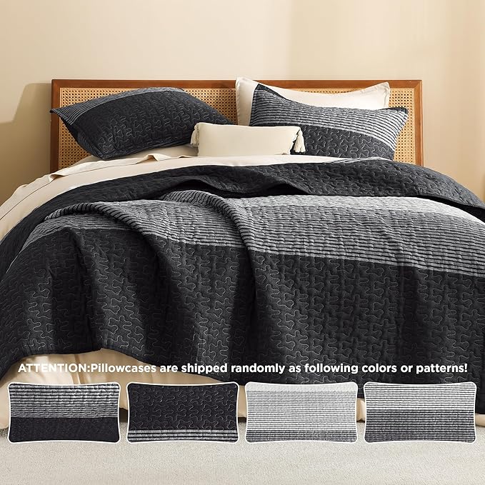Litanika Oversized King Quilt Set Black and White, 128x120 Stripe Bedspread - Image 5