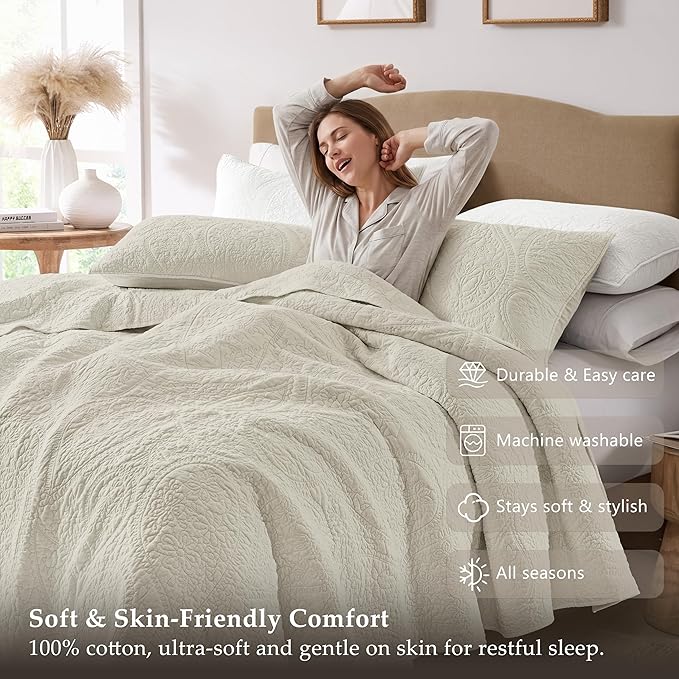 PALASSIO Beige Paisley 100% Cotton Quilt California Cal King Size Bedding Sets - Image 5