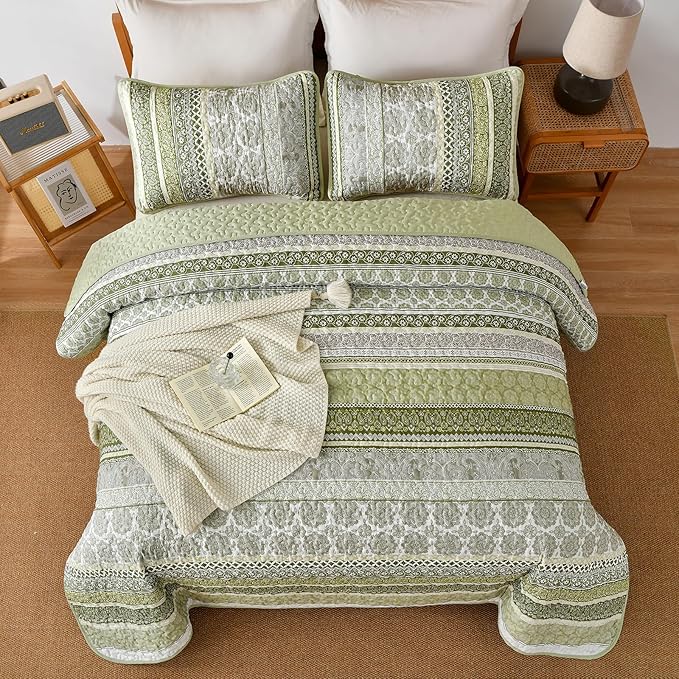 WONGS BEDDING Boho Quilt Set Queen Size, Sage Green Bohemian 3 Pieces Quilt Sets - Image 3