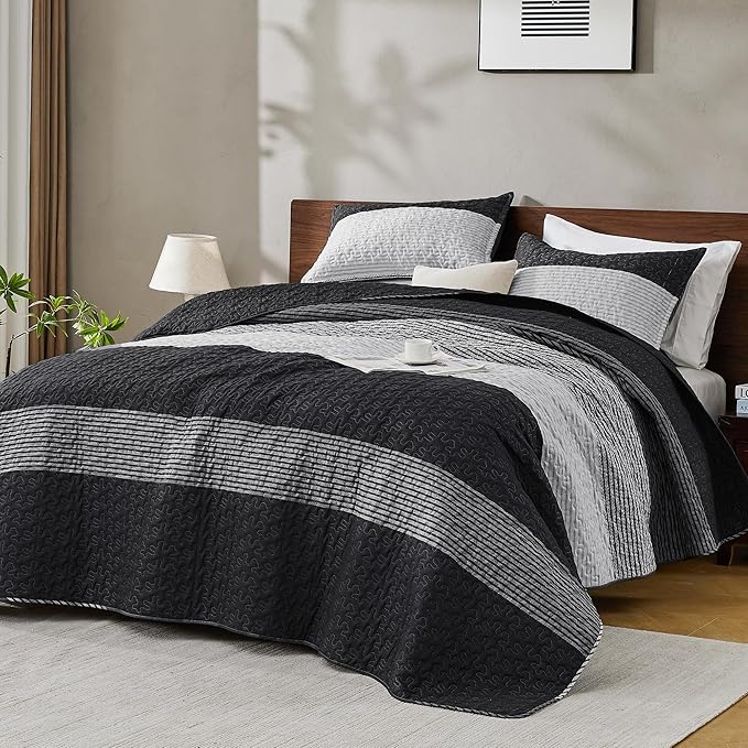 Andency Oversized King Quilt Set Black White, 128x120 Stripe Bedspread Coverlet - Image 8