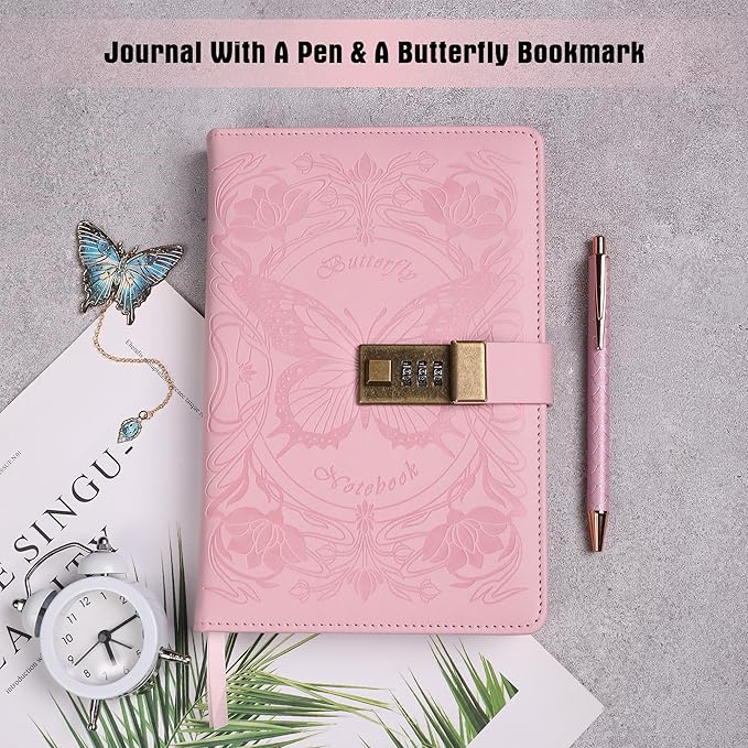 TIEFOSSI Diary with Lock for Women Girls, Lined Locked Journal, Butterfly Journal Notebook with Pen and Bookmark, A5 Refillable Locking Journals for Writing, 224 Numbered Pages-DeskoryOffice
