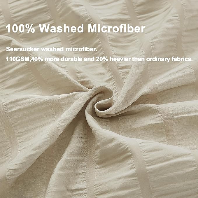 AveLom Beige Seersucker Duvet Cover Set Queen Size, 3 Pieces, Ultra Soft Washed - Image 3
