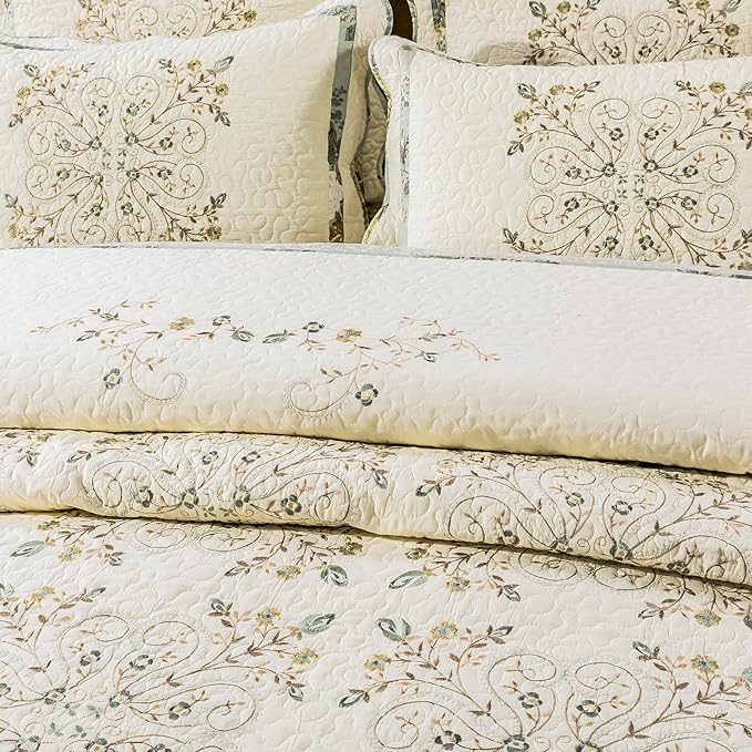 ROOMLIFE Quilt Set King Size 3D Floral Embroidery Pattern 3-Piece Cotton - Image 8