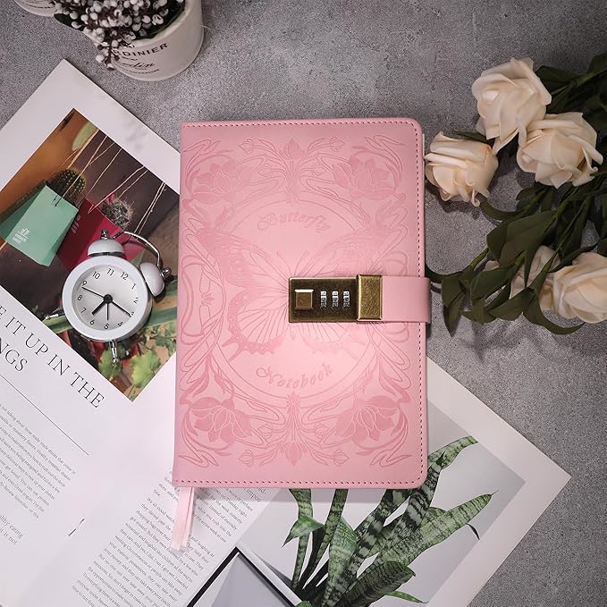 TIEFOSSI Diary with Lock for Women Girls, Lined Locked Journal, Butterfly Journal Notebook with Pen and Bookmark, A5 Refillable Locking Journals for Writing, 224 Numbered Pages-DeskoryOffice