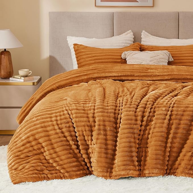 BEDELITE Fleece Twin Comforter Set -Super Soft & Warm Fluffy Rust Orange Bedding by BEDELITE