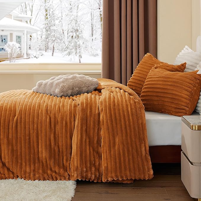 BEDELITE Fleece Queen Comforter Set -Super Soft & Warm Fluffy Rust Orange - Image 4