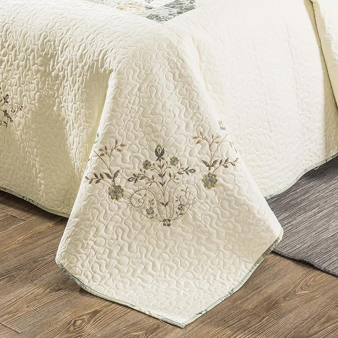 ROOMLIFE Quilt Set Full/Queen Size 3D Floral Embroidery Pattern 3-Piece Cotton - Image 4