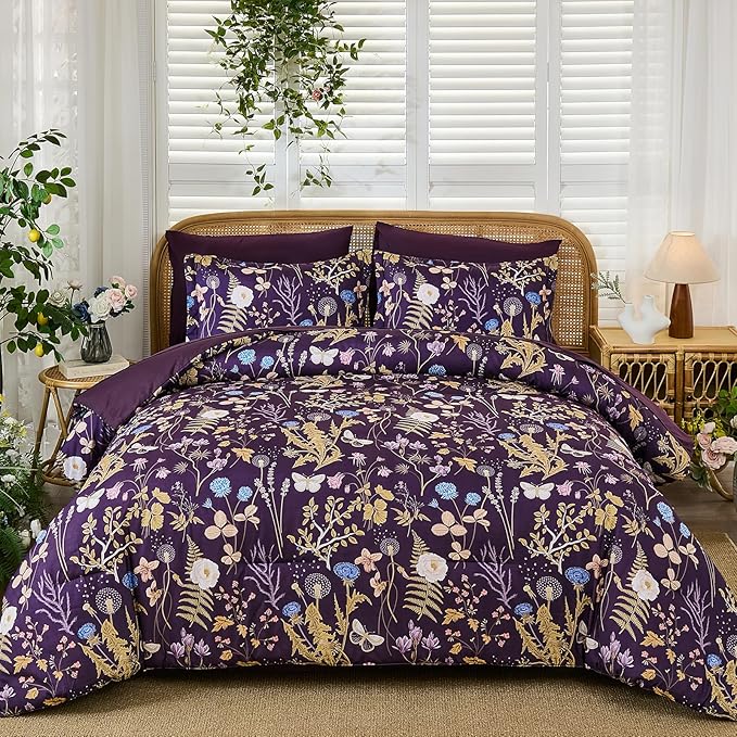 Yiran Purple Floral Comforter Set King Size, 7 Piece Botanical Comforter - Image 9