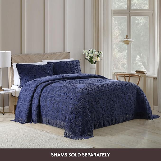 Beatrice Home Fashions Medallion Chenille Bedspread, Twin, Navy
