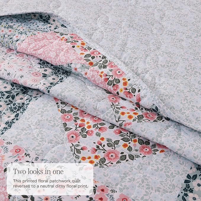 BLOOMHAVEN Quilt Set King Size, Patchwork Pink Floral Quilt Sets, Reversible - Image 3
