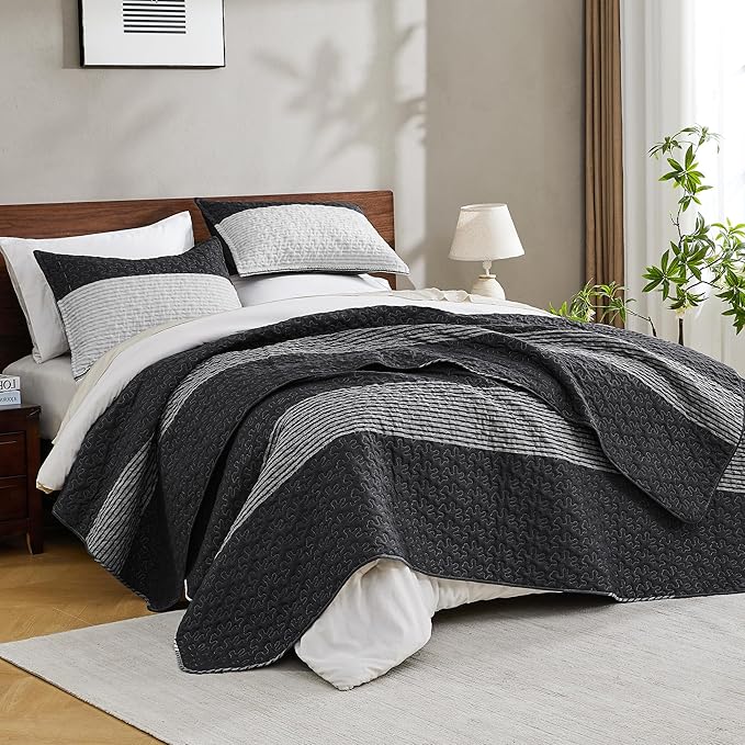 Andency Oversized King Quilt Set Black White, 128x120 Stripe Bedspread Coverlet - Image 2