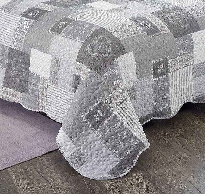 Brilliant Sunshine Grey Heart Love, Floral and Lace Patchwork, 2-Piece Quilt Set - Image 5