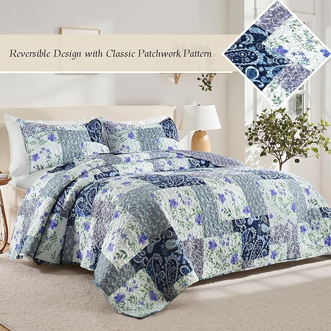 Whale Flotilla Patchwork Quilts Queen Size, Soft Boho Floral Bedspreads - Image 2