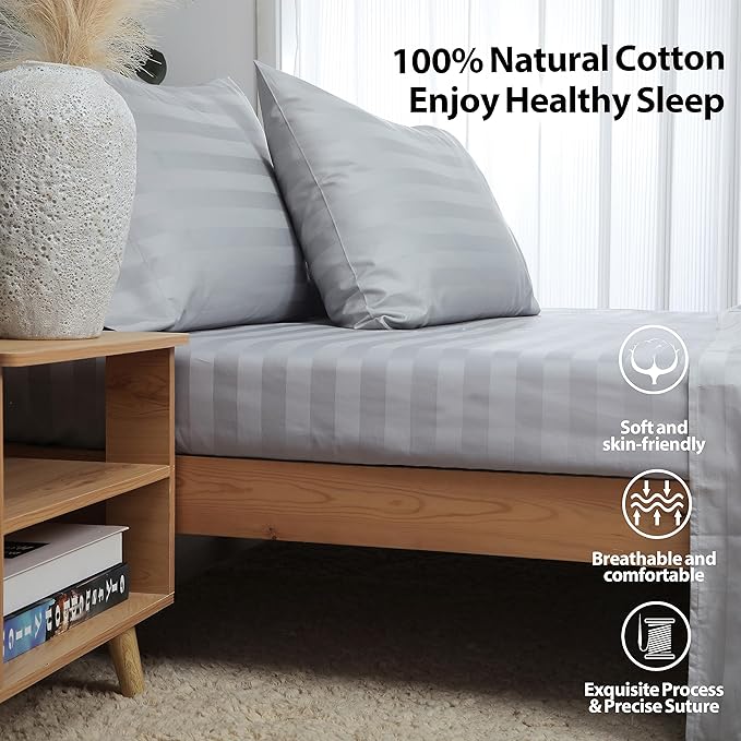 Twin XL Size Striped Fitted Sheet Only Gray Color, 100% Egyptian Cotton 600 - Image 2