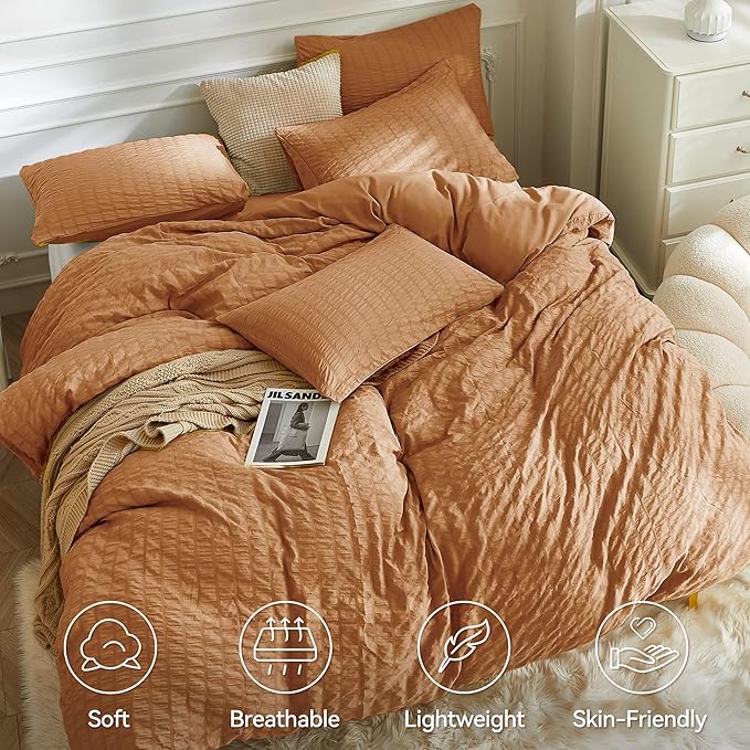 JELLYMONI Burnt Orange Duvet Cover Queen Size, Soft Breathable Seersucker Duvet - Image 2