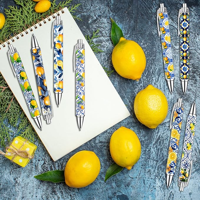 Capri Lemon Pens Set – Mediterranean-Inspired Ballpoint Pens for Girls, Students, and Stationery Lovers – Smooth Writing Pens for School, Journaling, or Gifts – Bright and Elegant Design, 8 Pack-DeskoryOffice