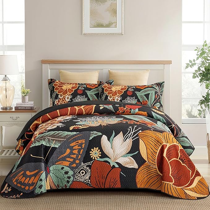 Tyrot 3 Piece Black Boho Floral Full/Queen Quilt Sets Reversible Farmhouse by TyrotHomeDecor