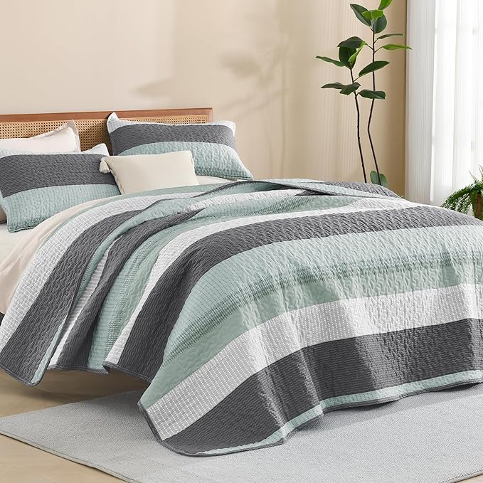Litanika Oversized Queen Quilt Set Sage Green, 98x98 Stripe Bedspread Coverlet by Litanika