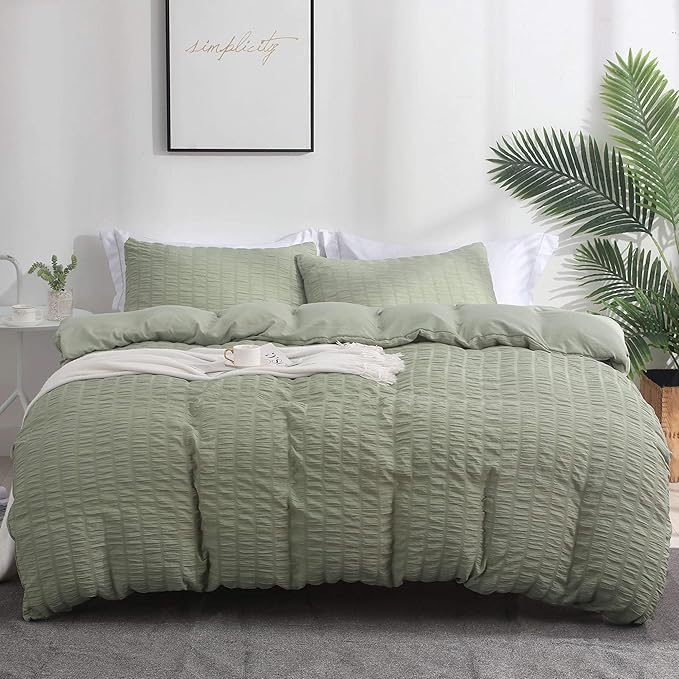 AveLom Green Duvet Cover King, 3 Pieces, Seersucker Tripe Soft Washed by AveLom
