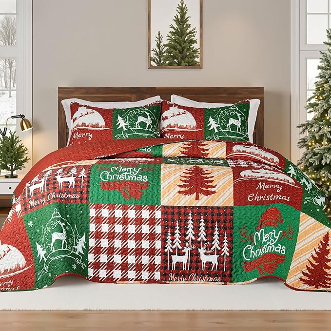 Whale Flotilla Christmas Quilt Twin Size, Soft Boho Patchwork Bedspreads by WHALEFLOTILLA